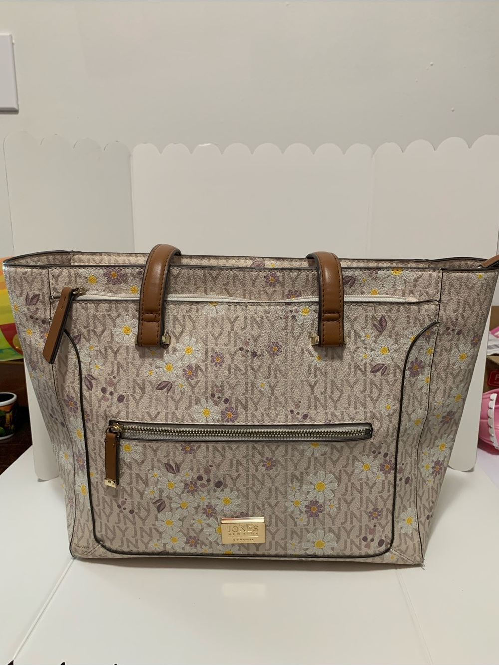 Jones New York Beige Floral Logo Tote with Brown Handles
